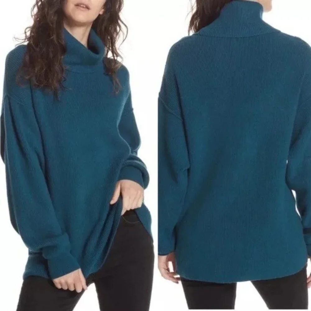 Free People Softly Structured Tunic Sweater Solid Deep Jade Blue No Size Tag - Picture 1 of 7